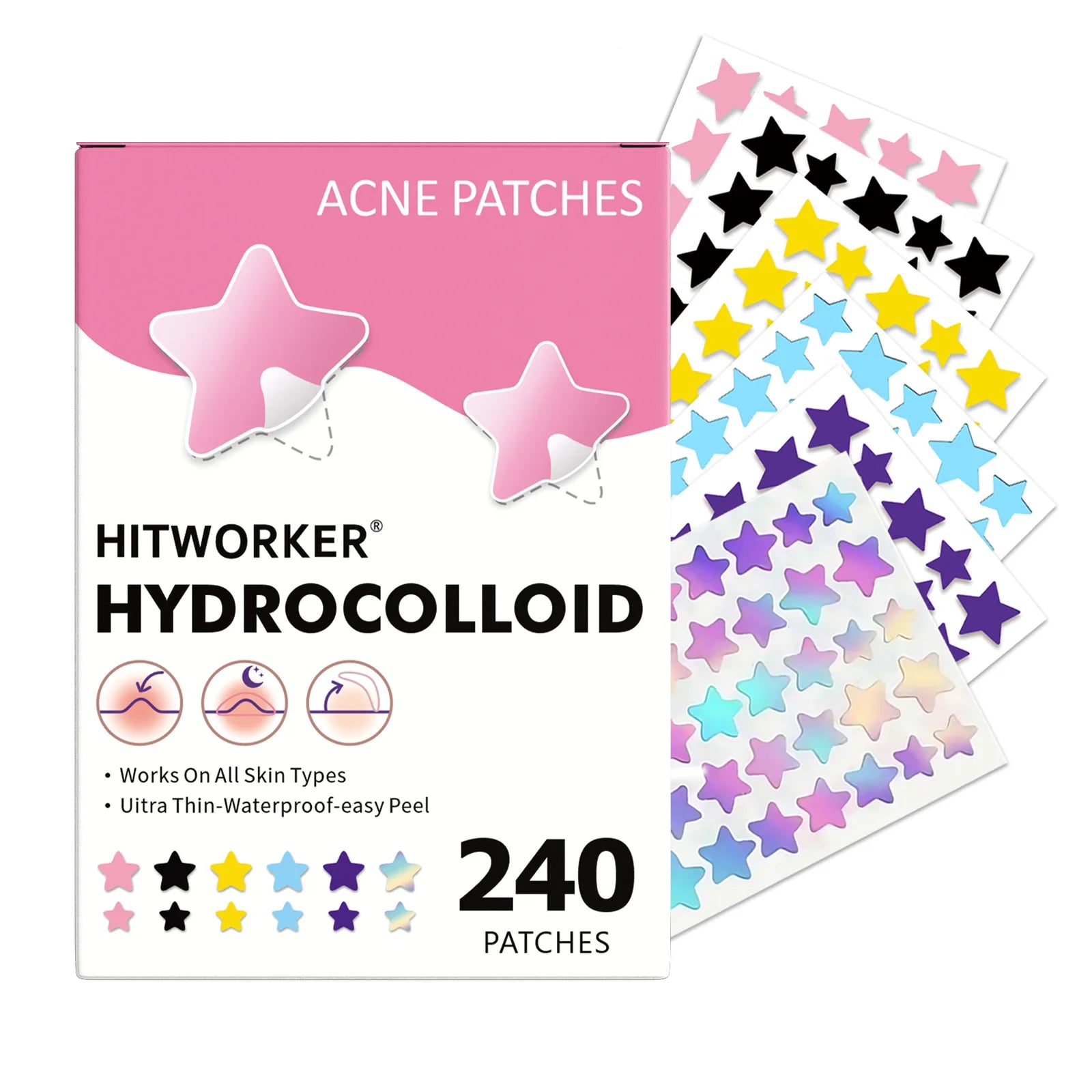 240-Pack Trendy Star Acne Patches | Multi-Color Sparkle, Your On-the-Go Skin Care Party