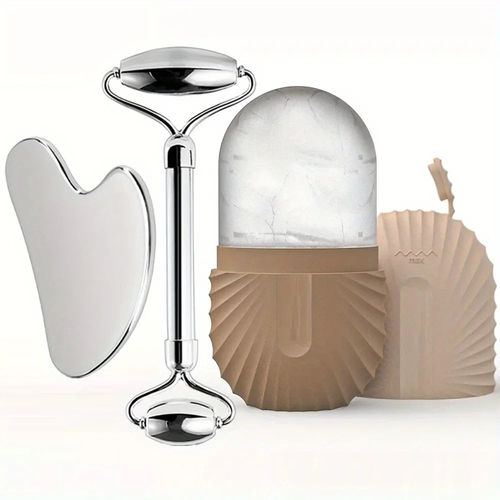 3in1 Stainless Steel Ice Face Roller & Gua Sha Facial Skincare Tool Kit Face Lifting Facial Treatment Reduce Acne Skin Care Tool